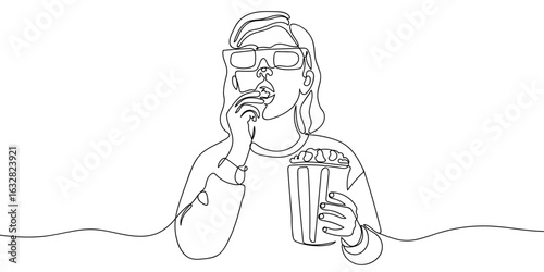 Continuous line vector of a woman watching a movie with 3D glasses and eating popcorn. editable stroke.