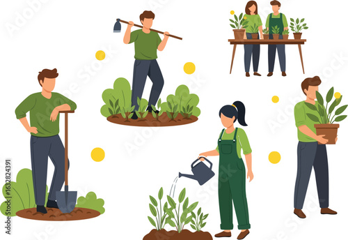Vector illustration flat vector art of people gardening and planting flowers in a garden