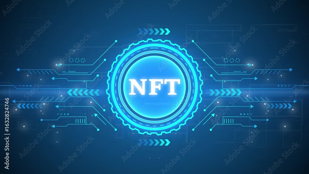 NFT Non-fungible token digital crypto on virtual screen. technology background with Cyberspace HUD elements animation.