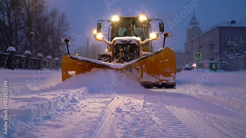 Snow plow clearing a city street at night