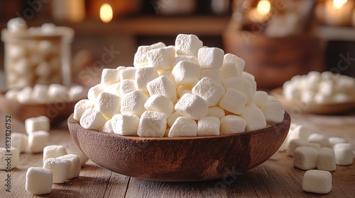 Mini Marshmallows In Wooden Bowl Warm Lighting Cozy Winter Dessert Treats Photography Background Displaying A Sweet Treat In Warm Lighting Cozy Winter Scene Rustic Wooden Bowl With Mini Marshmallows