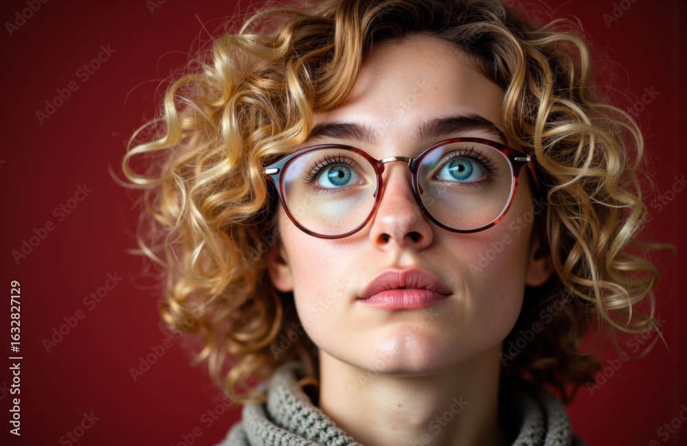 Obraz premium Woman with curly blonde hair and glasses looking upward against a red background