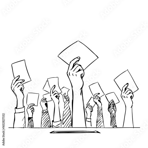 Illustration of hands holding papers representing democratic elections. Concept elections shows decision-making in action with raised hands and held documents.