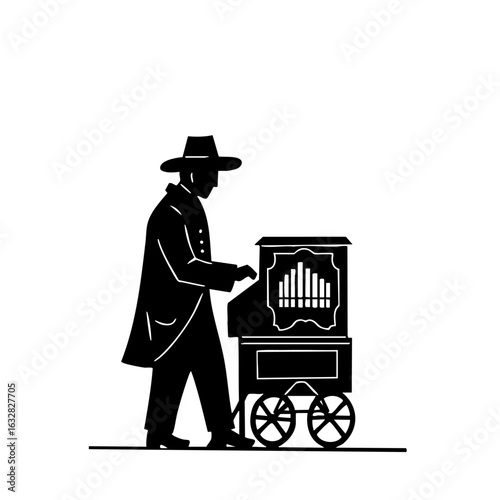 Silhouette organ grinder with street organ and black coat on white backdrop. Silhouette person plays music, with organ box on wheels, making musical sounds in silhouette organ grinder composition.