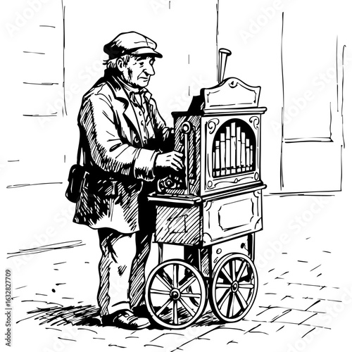Drawing of busker with barrel organ, a busker playing instrument in monochrome illustration on street. The busker performs with antique musical instrument, offering nostalgic street performance.