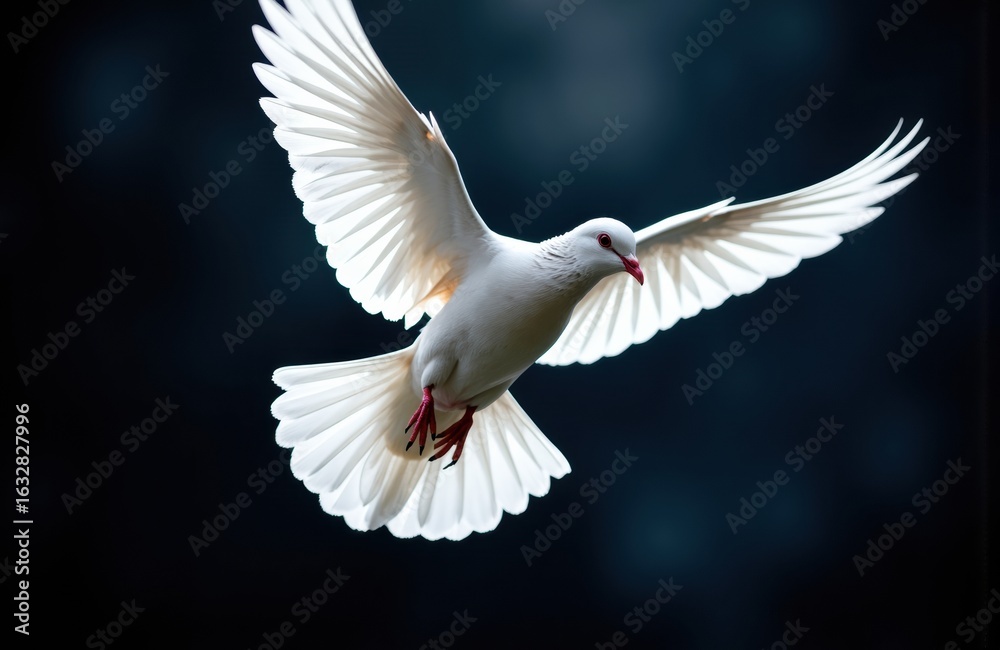 Obraz premium A white dove in flight with wings fully extended against a dark background