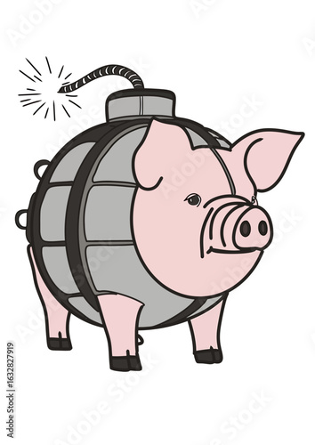 Anomali Italian Brainrot. A cartoon illustration of a pink pig whose body is a grey bomb with a lit sparking fuse. Vector Illustrations
