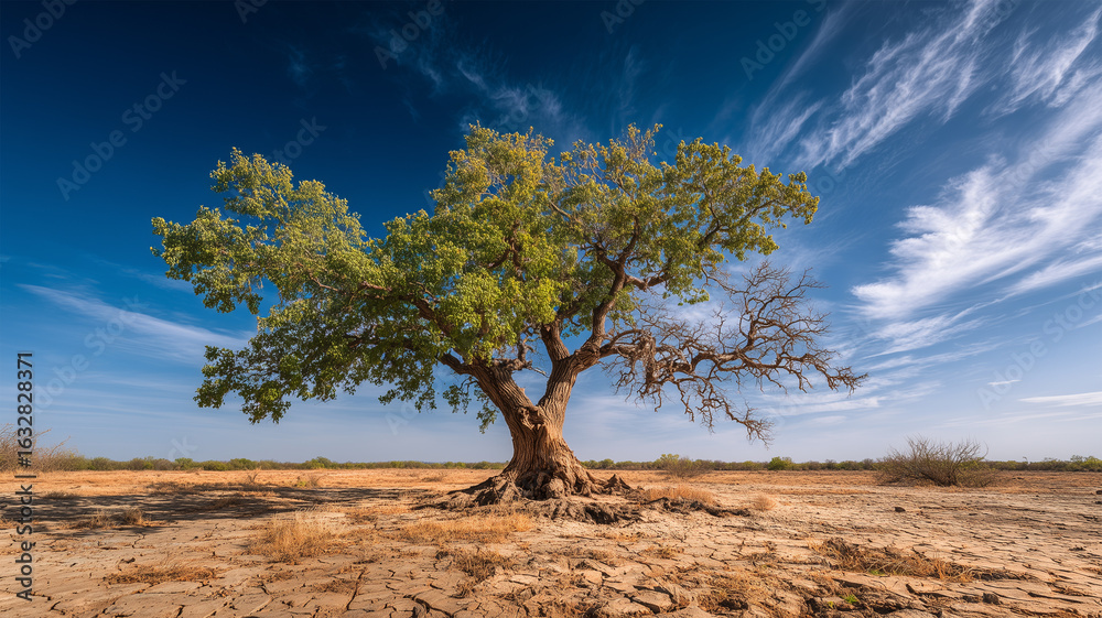 Obraz premium 木が対照を映し出す豊かな緑と荒涼の風景表現