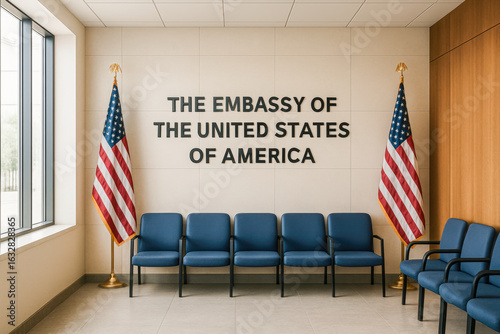 Modern interior of the U.S. Embassy with a row of blue chairs beneath a wall displaying the text “The Embassy of the United States of America,” flanked by two American flags, symbolizing visa services