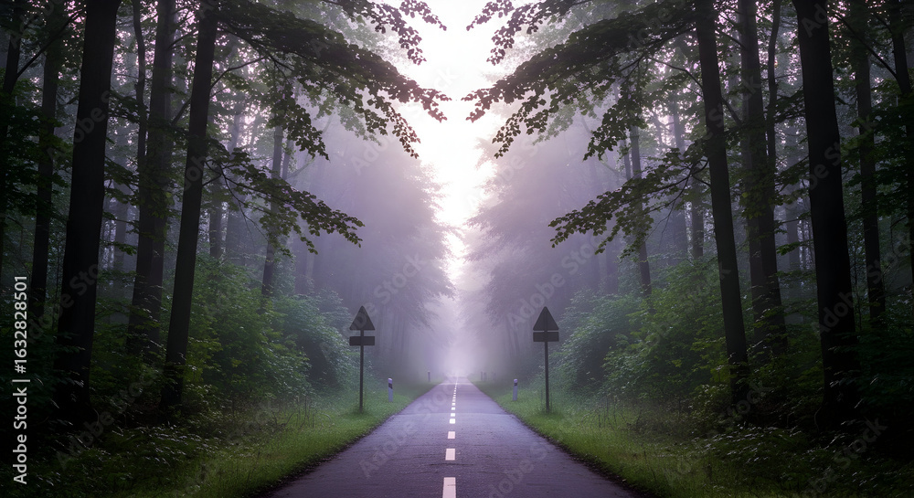 Obraz premium Mystical Road Leading Through Forest With Foggy Ambiance And Sunlight