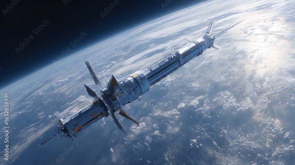 Naklejka premium Space Station Orbiting Earth in Outer Space: Innovation in Aerospace Technology and Sci-Fi Design for Astronomy and Interstellar Exploration in the Cosmic Universe