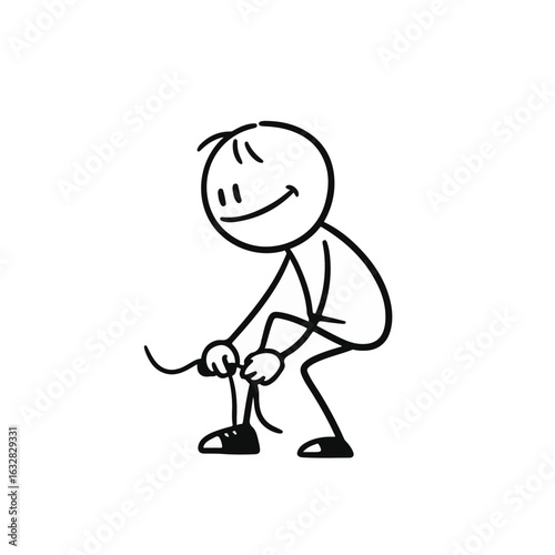 Happy stick figure boy tying shoelaces with a smile in simplistic design on a plain white background, playful concept of children's activities or education