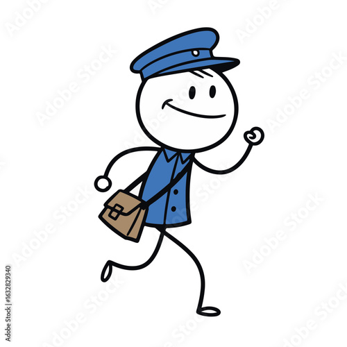 Smiling stick figure postal worker joyfully running with a messenger bag, against a simple white background, concept of delivery service or logistics
