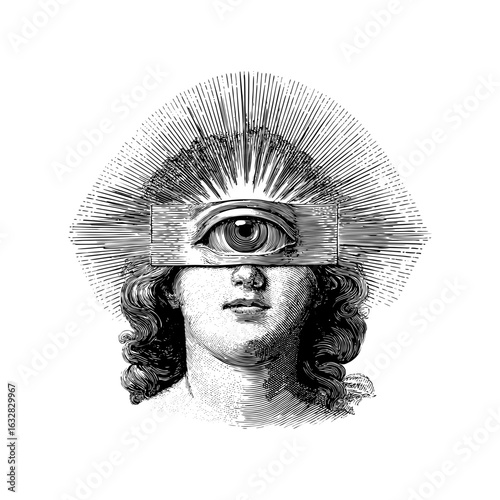 Engraving style illustration of symbolic third eye on human head in black and white on transparent background – Vector for esoteric book covers, tarot card designs, and spiritual education visuals