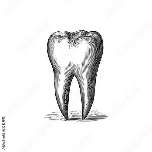 Engraving style illustration of human molar tooth in black and white on transparent background – Vector for dental care infographics, oral hygiene packaging, and medical textbooks