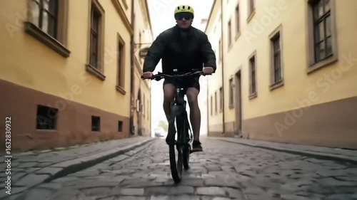 Person biking down a narrow cobblestone street