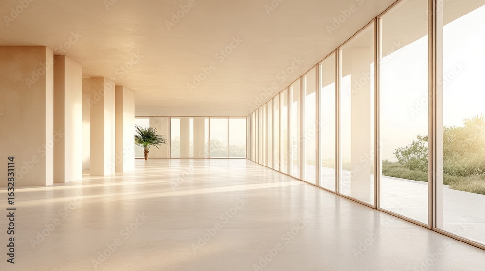 Obraz premium An empty modern interior with large windows and plant
