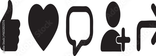Social Media Engagement Icons Representing Likes, Love, Comments, New Followers, and Sharing in a Simple Graphic