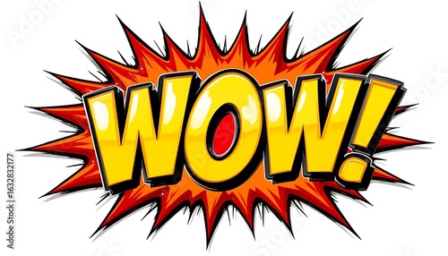 WOW comic book style text effect on an explosive burst Pop art illustration isolated on a white background.