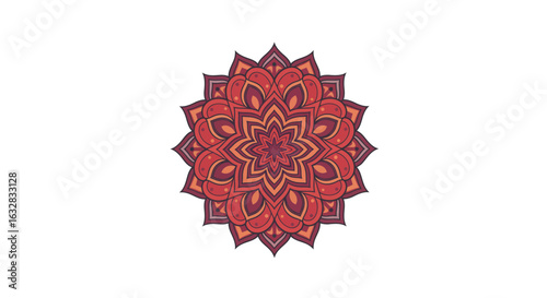 An intricate symmetrical mandala design featuring warm red and orange tones on a clean white background.