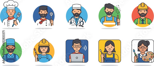 Illustration of diverse professions including chef doctor artist and construction worker icons set on white