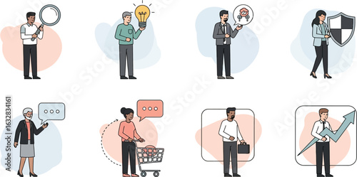 Diverse business people in various roles and actions illustrated in a cartoon style setting