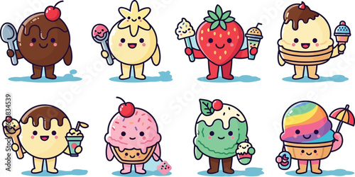 Collection of cute cartoon ice cream characters with different flavors and toppings on a blue background