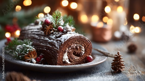 Rich Chocolate Buche de Noel: A Traditional Holiday Dessert Yule Log with Festive Garnishes, Perfected for Winter Celebrations and Food Photography with Culinary Artistry
