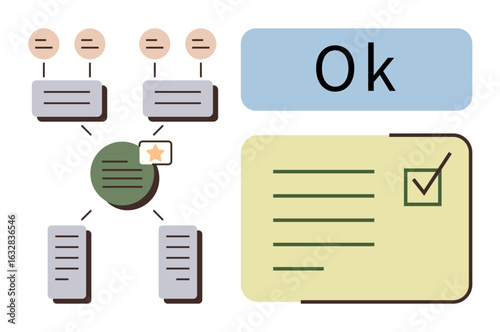 Flowchart nodes interconnected with lines, a checklist approving tasks, and status confirmation label. Ideal for project management, workflow, task prioritization, process, organization, planning