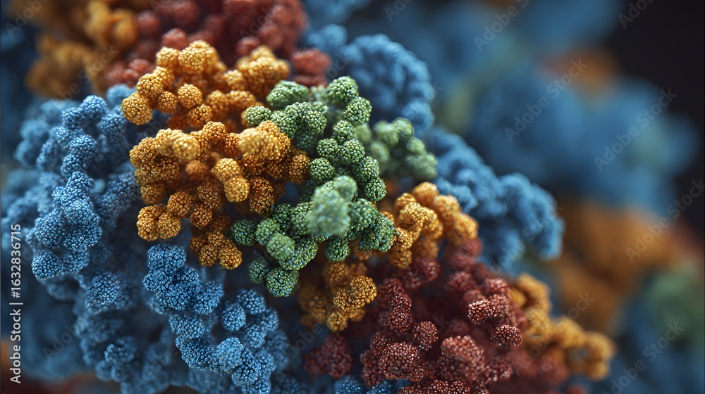 Fototapeta premium Colorful Microscopic View of Molecular Structure: Scientific Illustration of Biological Samples in Protein Modeling and Genetic Engineering with Intricate Biochemistry Patterns