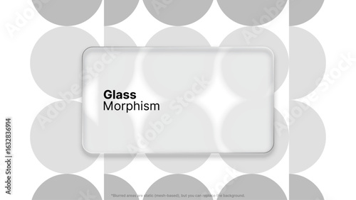 Rectangle glass morphism text box on patterned background. Liquid glass effect for modern design. Smooth texture for web interface presentation.