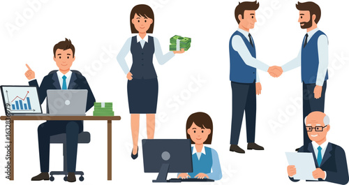 A group of cartoon business people in various poses including handshake and working at computers