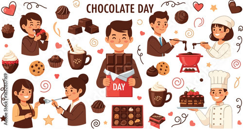Celebration of chocolate day with people enjoying chocolate treats and desserts in a cartoon style