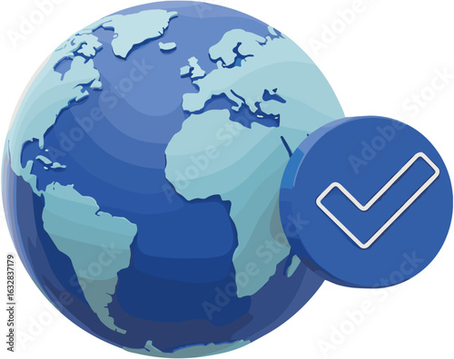Globe with checkmark, global acceptance and validation confirmed.