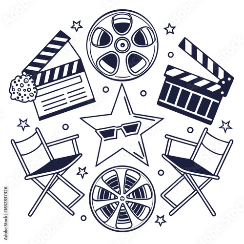 Collection of movie production icons including clapperboards film reels director chairs and a star wearing sunglasses