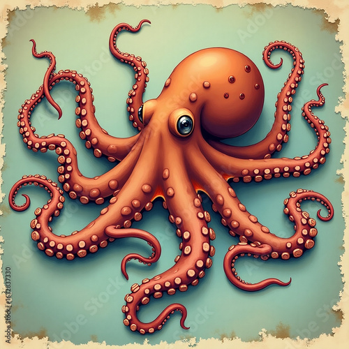 A vintage illustration of a giant red octopus on an old nautical chart with a compass rose and seagulls.