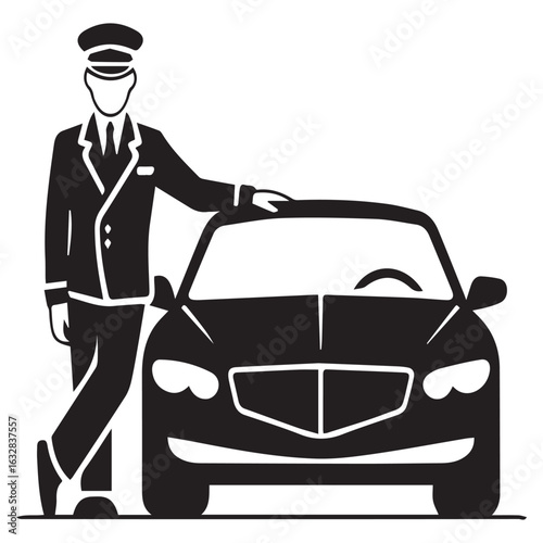 A chauffeur standing next to a luxury car, isolated on white background the image represents premium transportation, professional service, and elegant style for vip clients