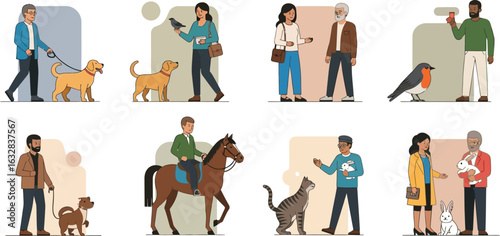 People with various pets including dogs cats birds and rabbits in different scenarios and poses
