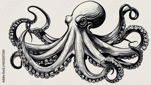 Detailed black and white engraving style illustration of a majestic octopus with curling tentacles and suckers.