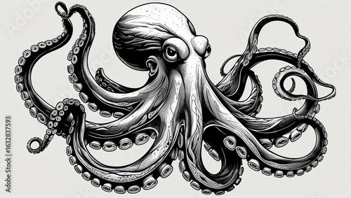 A majestic octopus illustrated in a detailed black and white engraving style. This vintage-inspired marine life artwork shows the creature's complex tentacles and suckers.