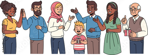 Diverse group of people celebrating with gifts and gestures of goodwill in a light background