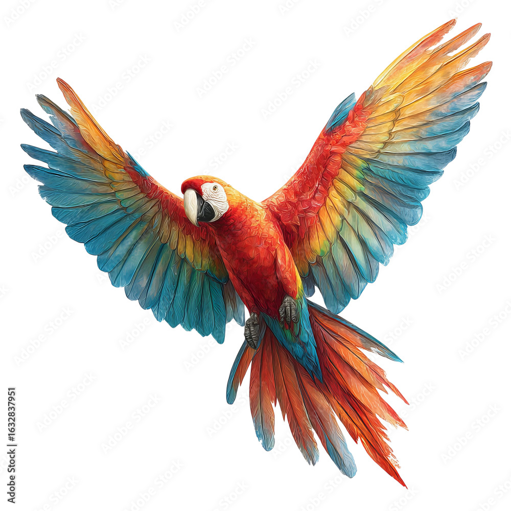 Fototapeta premium Png of A vibrant scarlet macaw in flight, showcasing stunning red and blue plumage with an elegant wingspan.