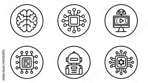 AI Technology Icons:  Modern Line Art Graphics for Digital Innovation,  Artificial Intelligence, and Robotics Concepts.