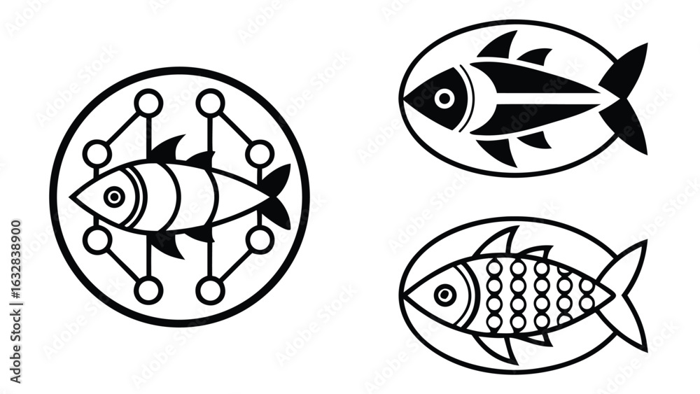 Fototapeta premium Abstract Black and White Fish Icons: Geometric, Minimalist, Modern Design Elements for Branding.