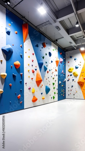 Interior of a modern climbing gym with colorful holds