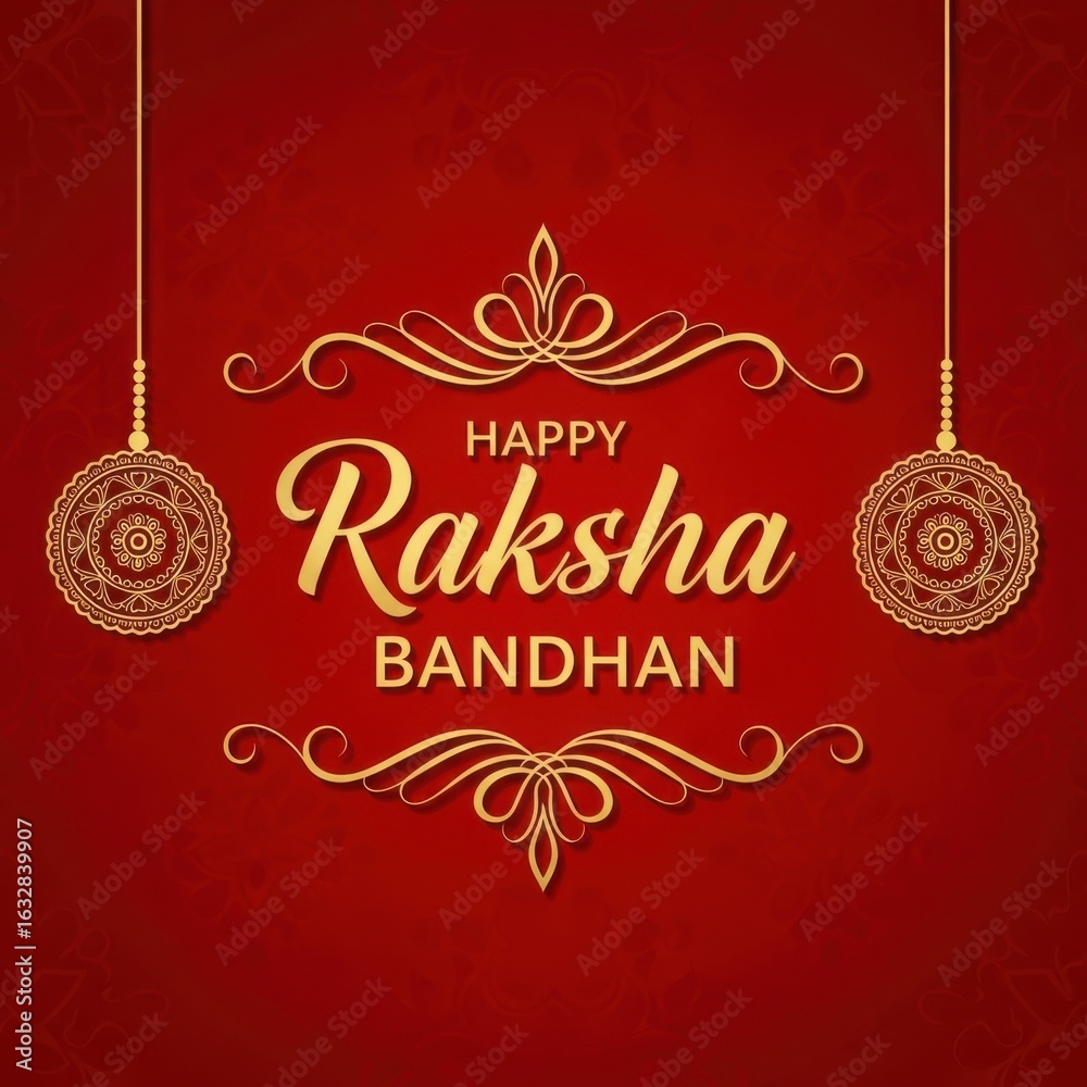 Naklejka premium Happy raksha bandhan greeting with decorative gold ornaments on a red textured background, celebrating the bond between siblings