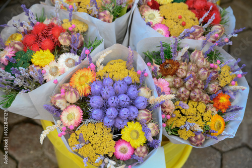 Bouquet of dried flowers in primary colors