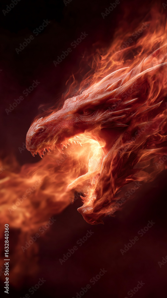 Fototapeta premium Fiery Dragon: A mythical creature emerges from the shadows, engulfed in flames, showcasing raw power and fantasy.