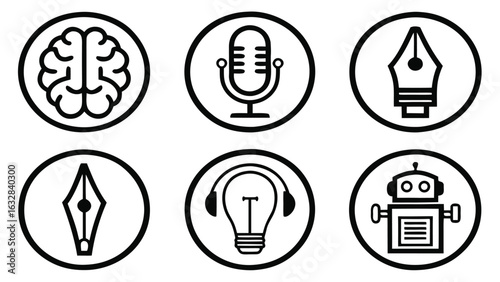 Content creation icons: brain, microphone, pen, robot, idea, minimalist black and white style.
