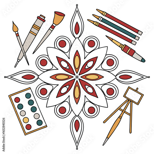 Artistic mandala design surrounded by painting supplies including brushes pencils watercolor palette and easel